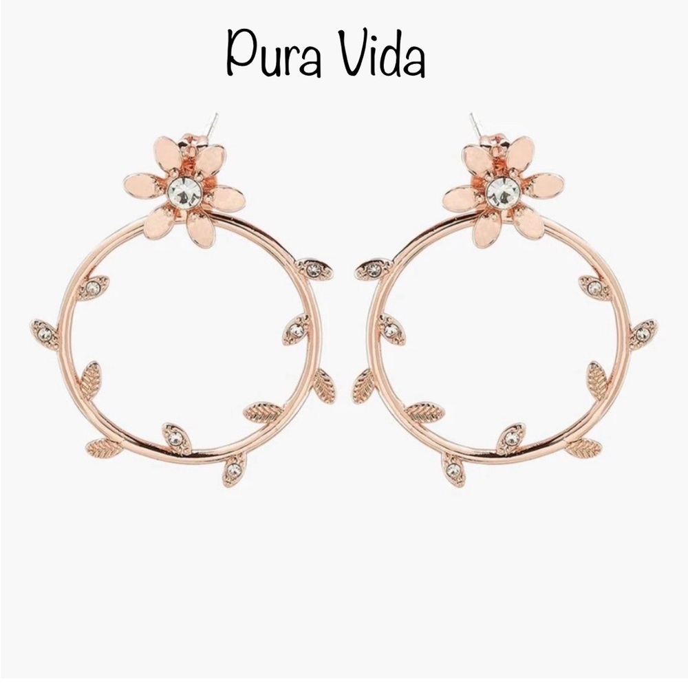 NWT Pura Vida Rose Gold Floral Flat Hoop Earrings